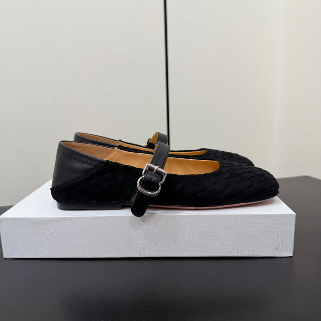 THE ROW 26S MARY JANE BALLET FLATS IN BLACK SUEDE AND CALFSKIN