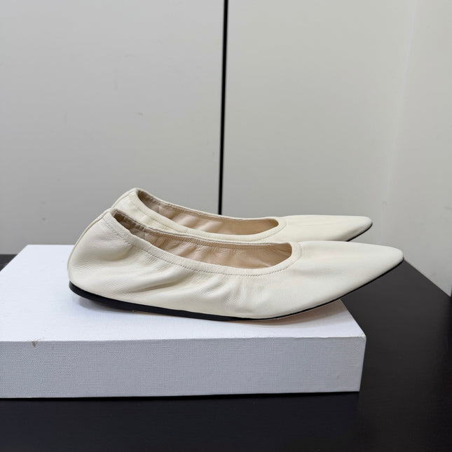 THE ROW 26S POINTED TOE BALLET FLATS IN IVORY WHITE LAMBSKIN