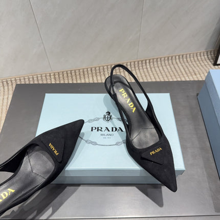 PRADA 26S POINTED TOE SLINGBACK HIGH HEELS 55MM IN BLACK SUEDE WITH LOGO