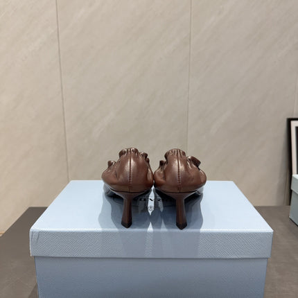PRADA 26S POINTED TOE PUMPS 55MM IN DARK BROWN SHEEPSKIN WITH LOGO