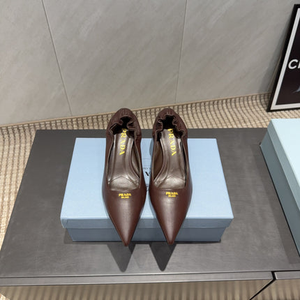PRADA 26S POINTED TOE PUMPS 55MM IN DARK BROWN SHEEPSKIN WITH LOGO