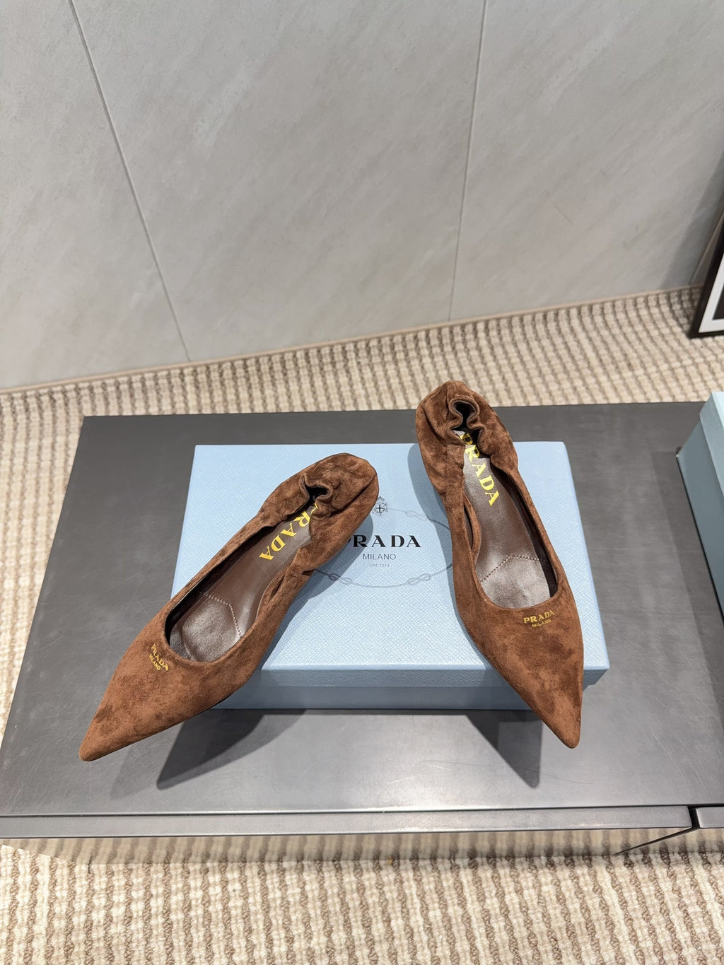 PRADA 26S PUMPS 55MM IN BROWN SUEDE