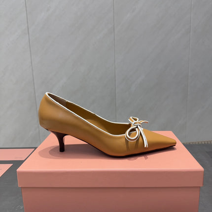 MIUMIU 26S POINTED TOE PUMPS 55MM IN CARAMEL BROWN CALFSKIN WITH BOW