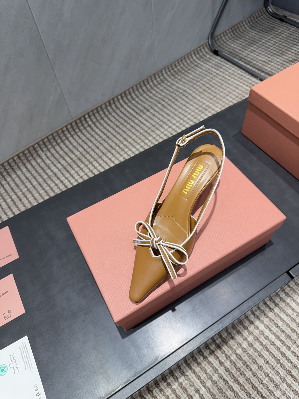 MIUMIU 26S SLINGBACK 55MM IN CARAMEL BROWN CALFSKIN WITH BOW