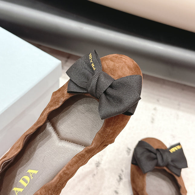 PRADA 26S ROUND TOE FLATS WITH BOW IN DARK BROWN SUEDE