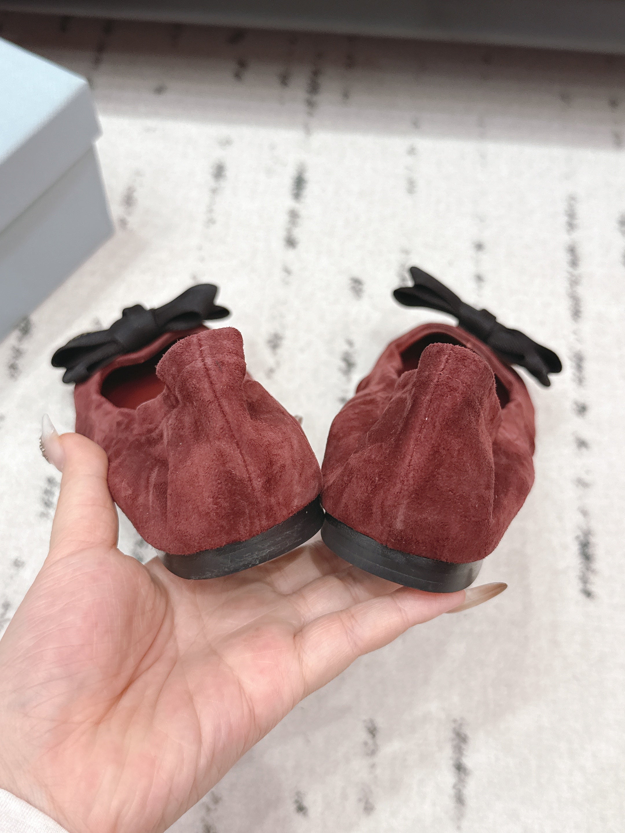 PRADA 26S ROUND TOE FLATS WITH BOW IN DARK RED SUEDE
