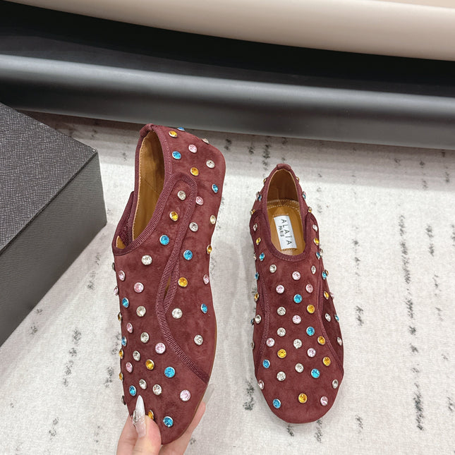 ALAIA 26S EMBELLISHED FLATS IN BROWN SUEDE