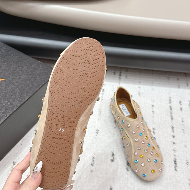 ALAIA 26S EMBELLISHED FLATS IN BEIGE SUEDE