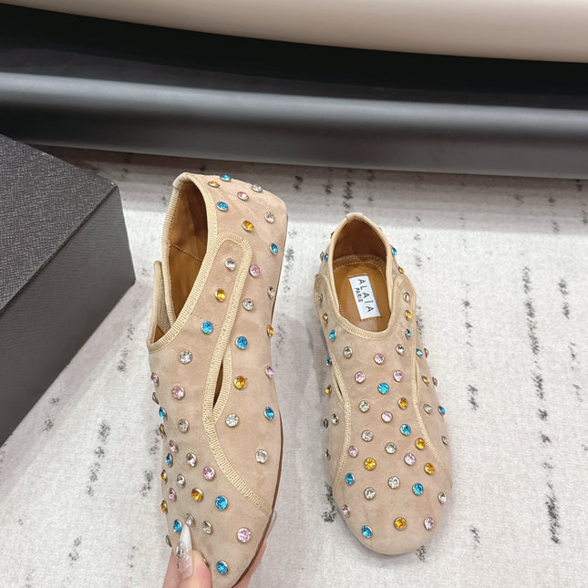 ALAIA 26S EMBELLISHED FLATS IN BEIGE SUEDE