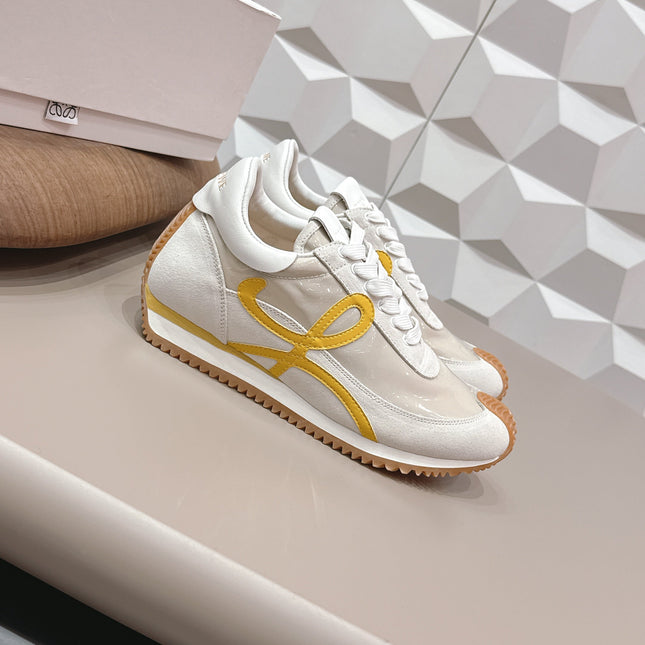 LOEWE 26S FLOW RUNNER SNEAKER IN WHITE YELLOW SUEDE AND CLEAR PLASTIC AND CALFSKIN