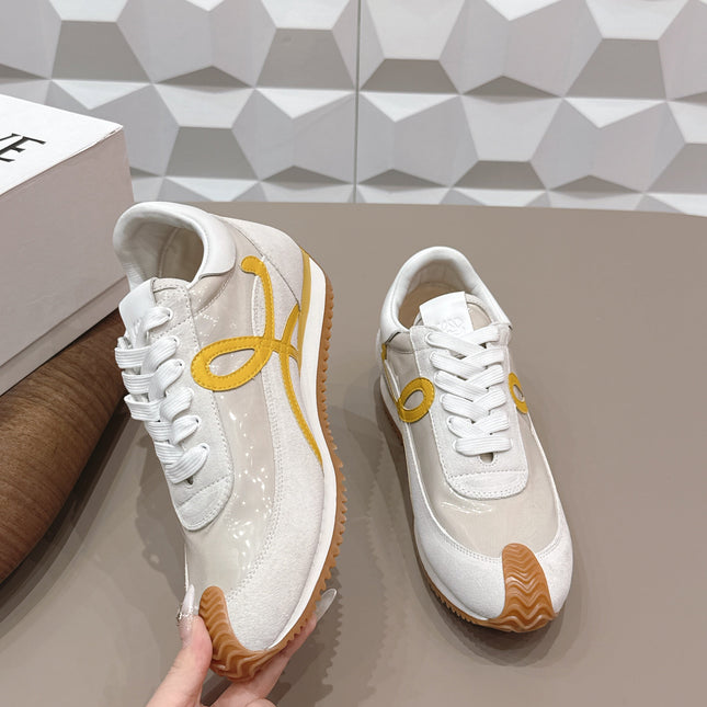 LOEWE 26S FLOW RUNNER SNEAKER IN WHITE YELLOW SUEDE AND CLEAR PLASTIC AND CALFSKIN