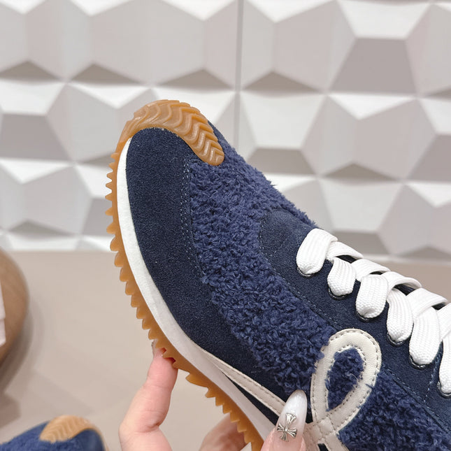 LOEWE 26S FLOW RUNNER SNEAKER IN NAVY BLUE SUEDE AND TEDDY FABRIC AND CALFSKIN