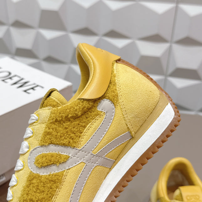 LOEWE 26S FLOW RUNNER SNEAKER IN YELLOW SUEDE AND TEDDY FABRIC AND CALFSKIN