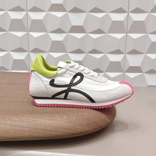 LOEWE 26S FLOW RUNNER SNEAKER IN LIGHT GRAY SUEDE AND LIME YELLOW AND BLACK CALFSKIN