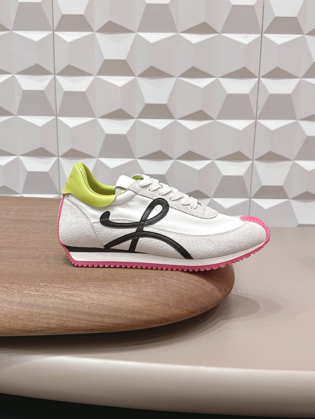 LOEWE 26S FLOW RUNNER SNEAKER IN LIGHT GRAY SUEDE AND LIME YELLOW AND BLACK CALFSKIN