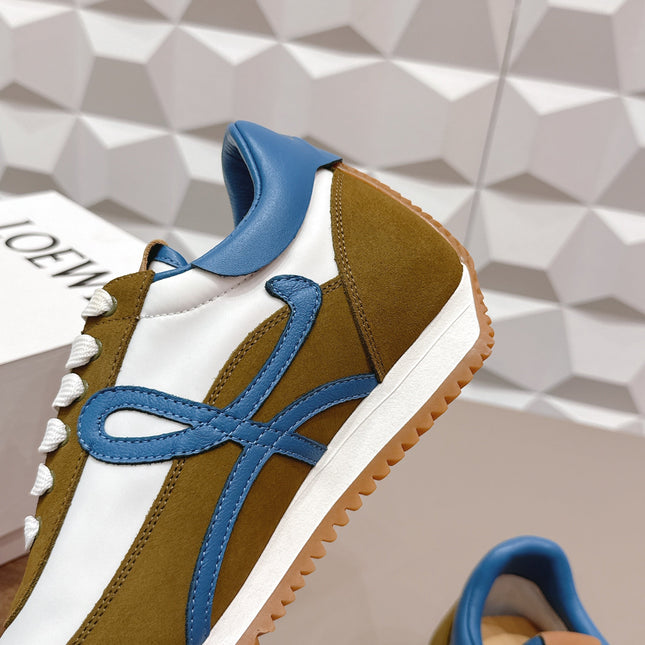 LOEWE 26S FLOW RUNNER SNEAKER IN OLIVE BROWN AND WHITE SUEDE AND BLUE CALFSKIN