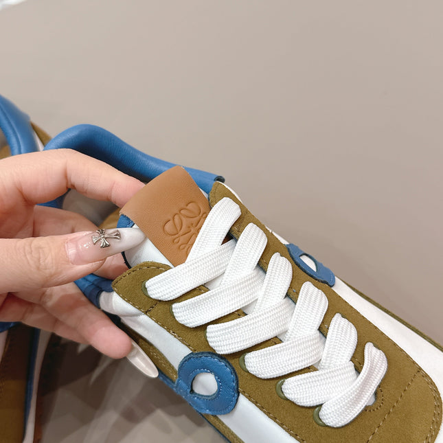 LOEWE 26S FLOW RUNNER SNEAKER IN OLIVE BROWN AND WHITE SUEDE AND BLUE CALFSKIN