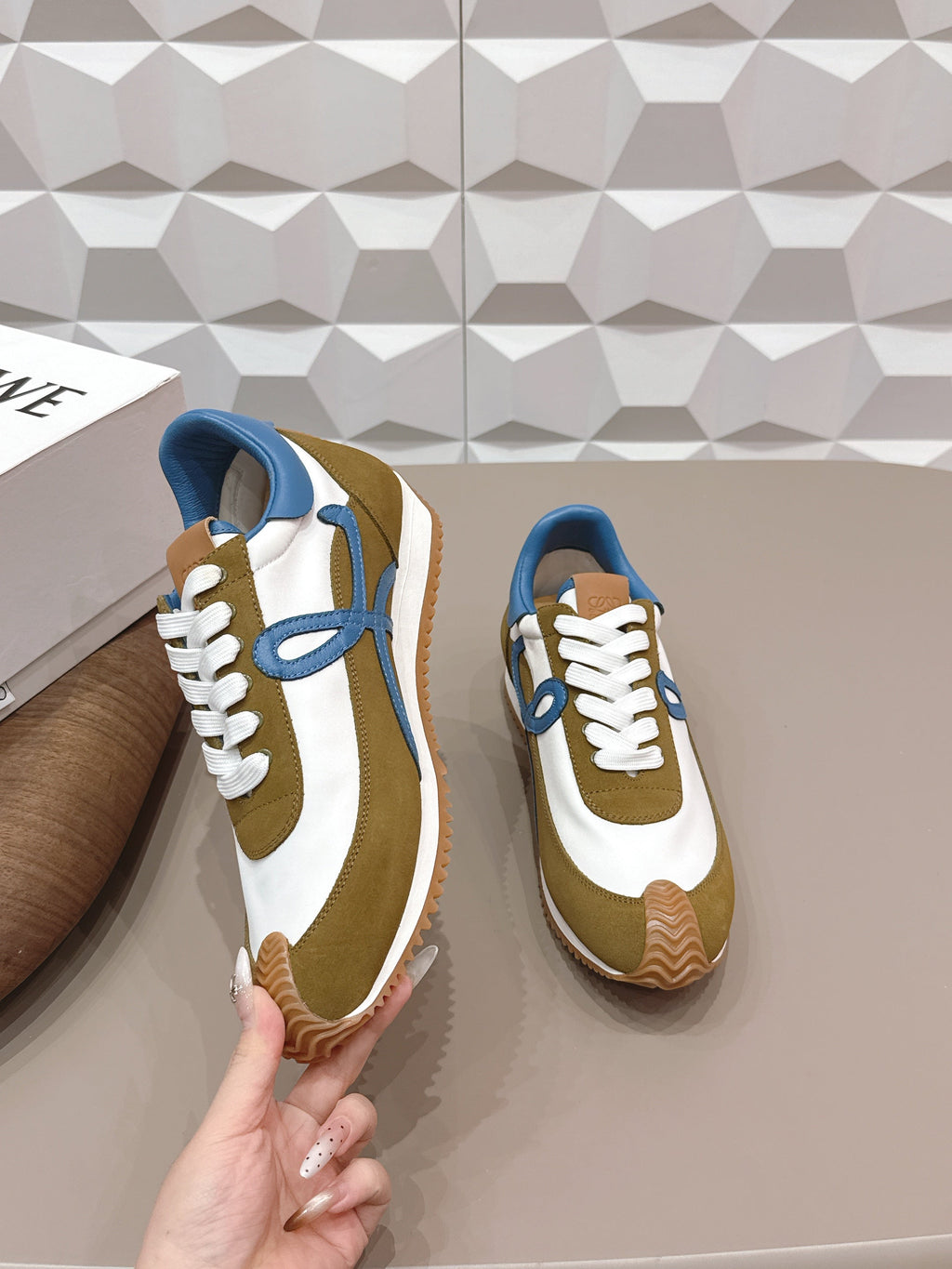 LOEWE 26S FLOW RUNNER SNEAKER IN OLIVE BROWN AND WHITE SUEDE AND BLUE CALFSKIN