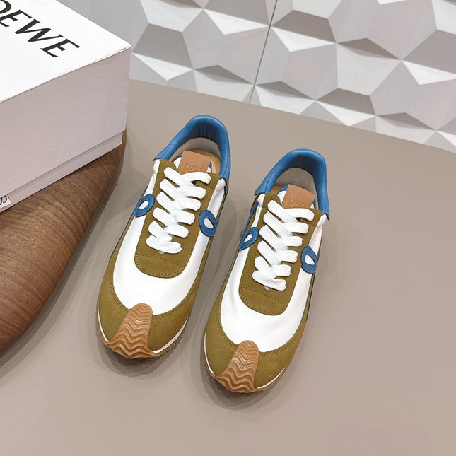 LOEWE 26S FLOW RUNNER SNEAKER IN OLIVE BROWN AND WHITE SUEDE AND BLUE CALFSKIN