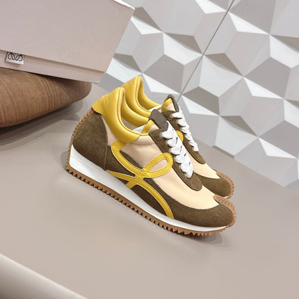 LOEWE 26S FLOW RUNNER SNEAKER IN DARK OLIVE BROWN SUEDE AND YELLOW CALFSKIN