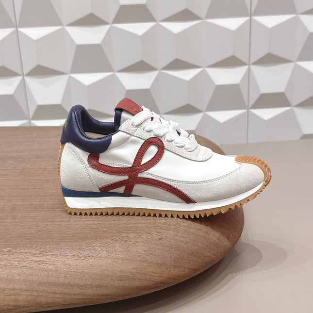 LOEWE 26S FLOW RUNNER SNEAKER IN LIGHT GRAY SUEDE AND NAVY BLUE AND RED CALFSKIN