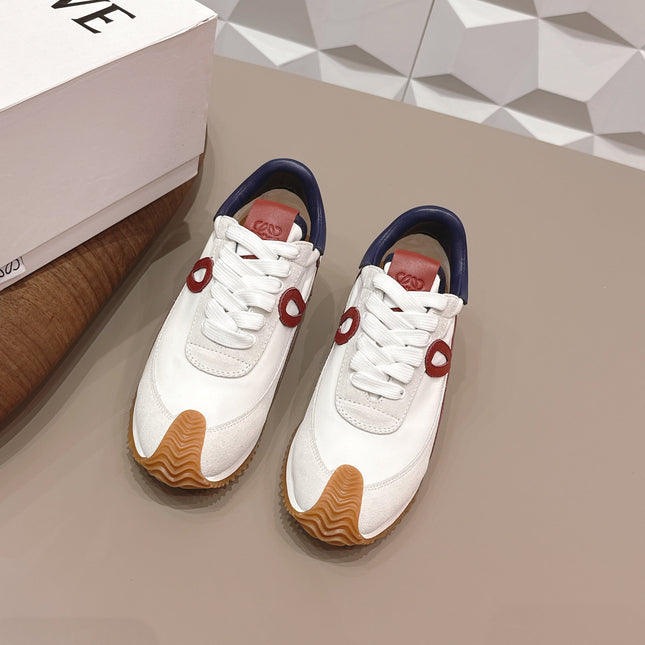 LOEWE 26S FLOW RUNNER SNEAKER IN LIGHT GRAY SUEDE AND NAVY BLUE AND RED CALFSKIN