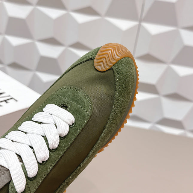 LOEWE 26S FLOW RUNNER SNEAKER IN DARK OLIVE GREEN SUEDE AND WHITE CALFSKIN