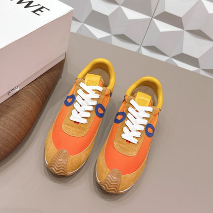 LOEWE 26S FLOW RUNNER SNEAKER IN CARAMEL BROWN SUEDE AND GOLDEN YELLOW CALFSKIN