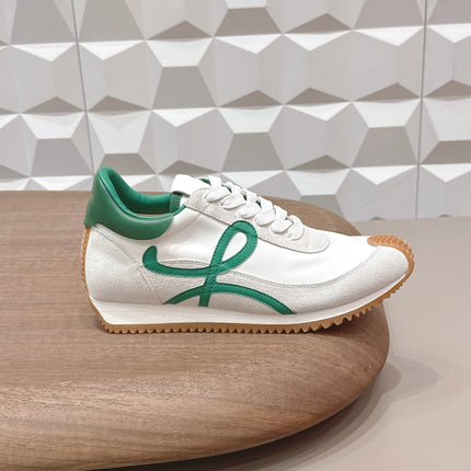 LOEWE 26S FLOW RUNNER SNEAKER IN WHITE SUEDE AND DEEP TEAL GREEN CALFSKIN