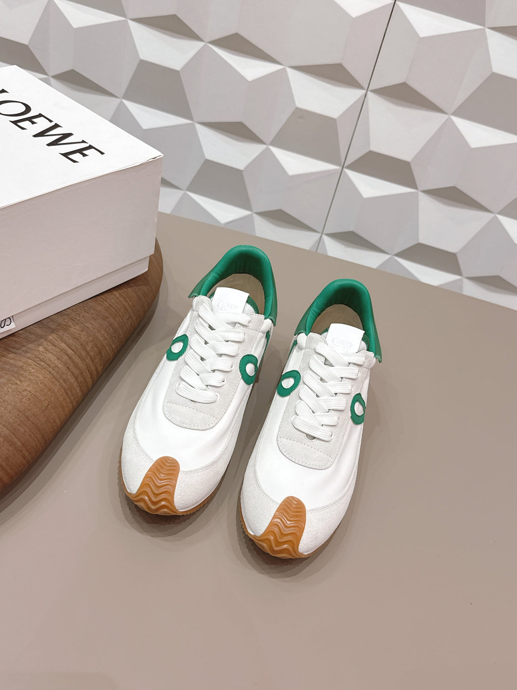 LOEWE 26S FLOW RUNNER SNEAKER IN WHITE SUEDE AND DEEP TEAL GREEN CALFSKIN