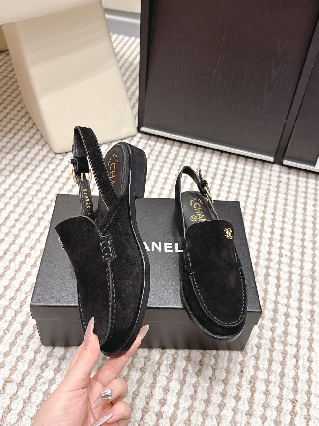 CHANEL 26S SLINGBACK LOAFERS IN BLACK SUEDE