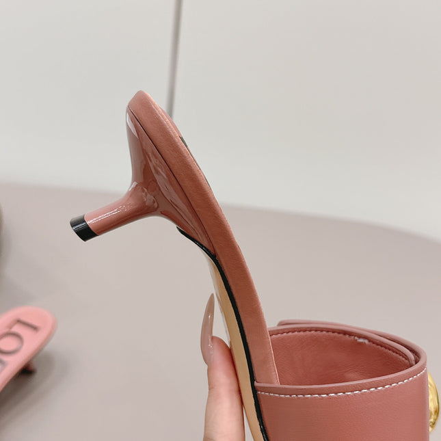 LOEWE 26S SQUARE TOE SANDALS 45MM IN PINK CALFSKIN GOLD HARDWARE