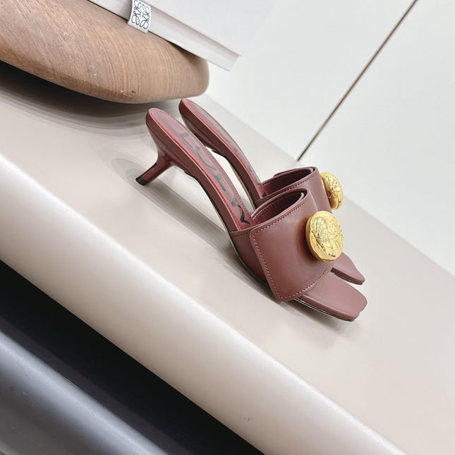 LOEWE 26S SQUARE TOE SANDALS 45MM IN DARK BROWN CALFSKIN GOLD HARDWARE