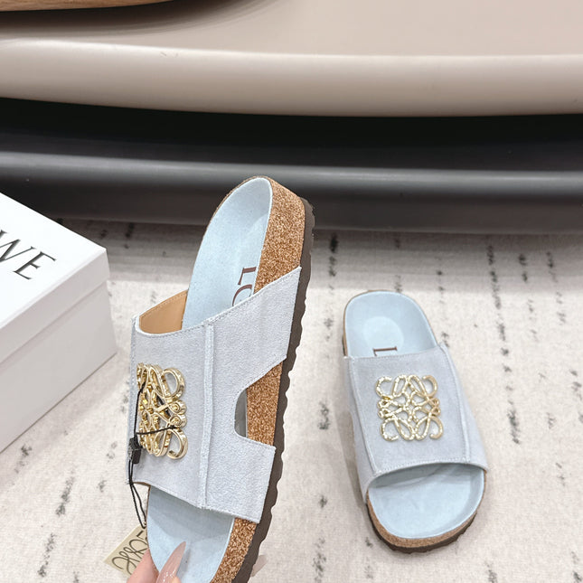 LOEWE 26S FLAT SANDALS IN LIGHT BLUE LOGO GOLD HARDWARE