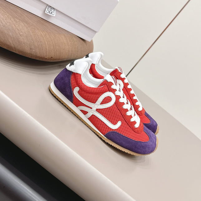 LOEWE 26S BALLET RUNNER 2.0 IN RED AND DARK PURPLE SUEDE AND MESH