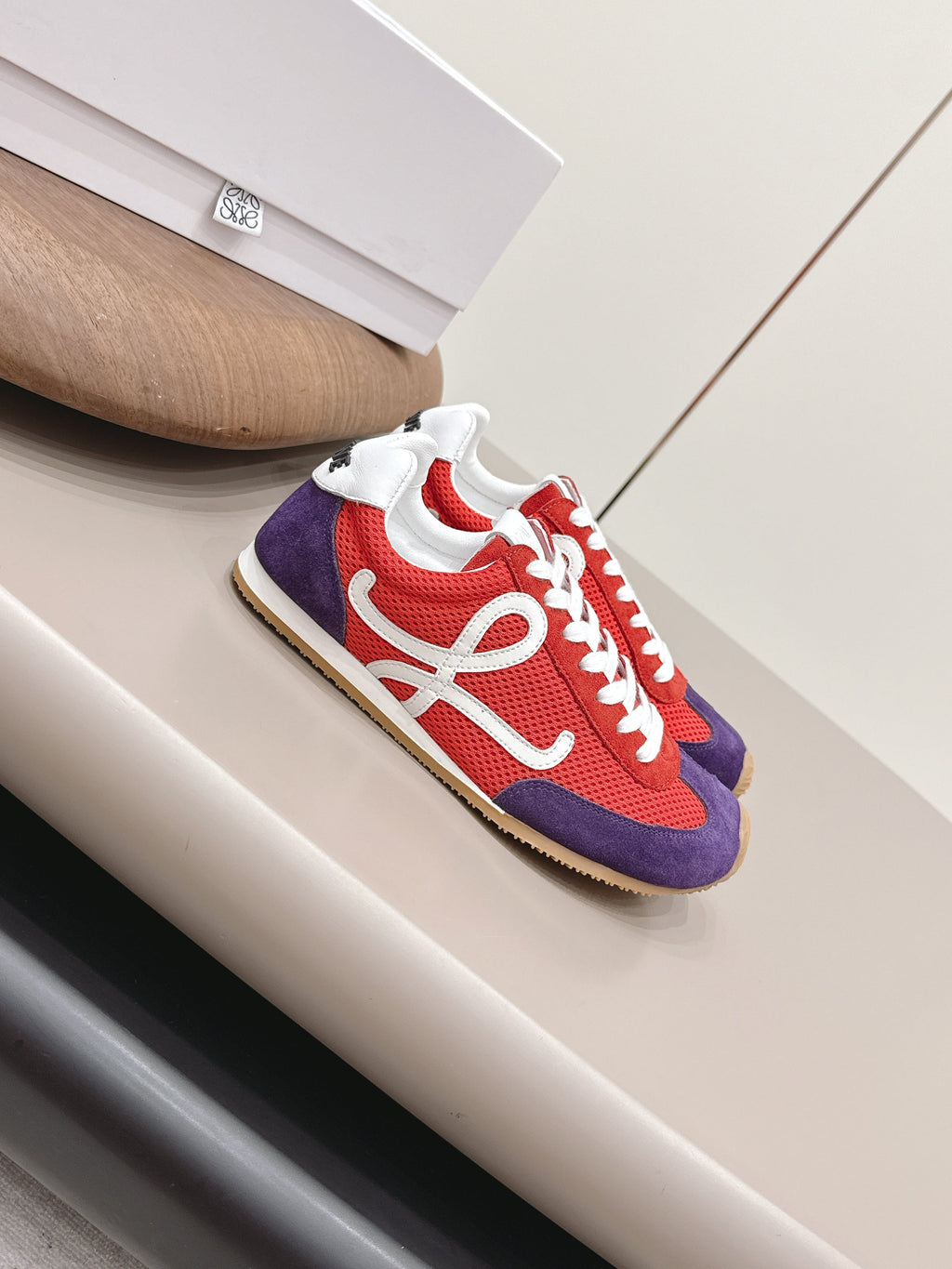 LOEWE 26S BALLET RUNNER 2.0 IN RED AND DARK PURPLE SUEDE AND MESH