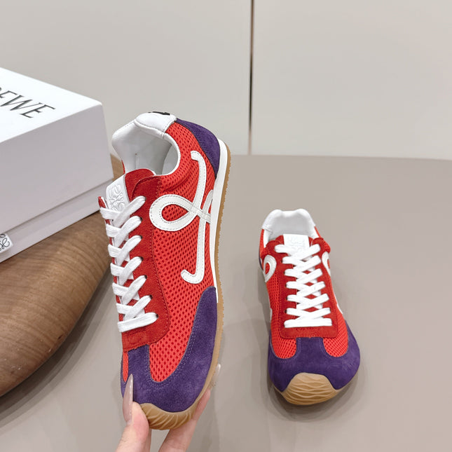 LOEWE 26S BALLET RUNNER 2.0 IN RED AND DARK PURPLE SUEDE AND MESH