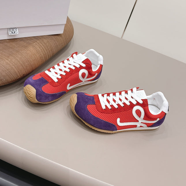 LOEWE 26S BALLET RUNNER 2.0 IN RED AND DARK PURPLE SUEDE AND MESH