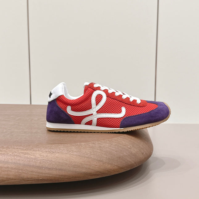 LOEWE 26S BALLET RUNNER 2.0 IN RED AND DARK PURPLE SUEDE AND MESH