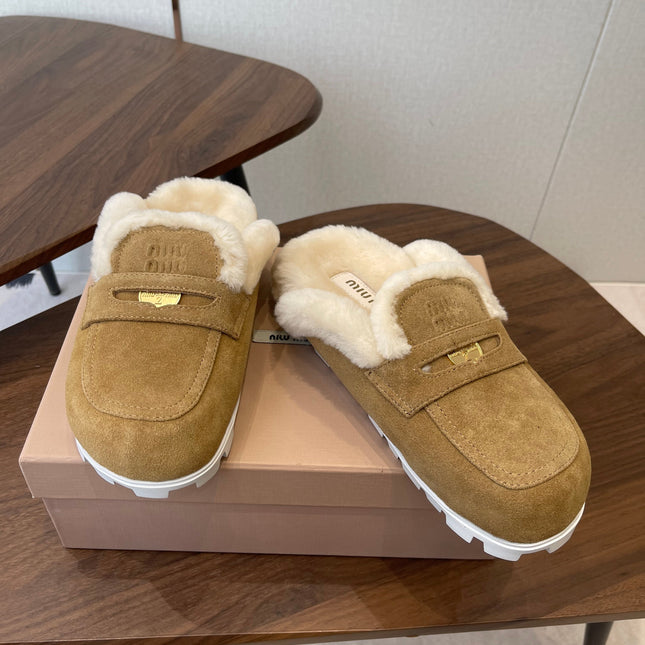 MIUMIU 25S MULES SLIPPERS SHEEPWOOL IN BROWN SUEDE