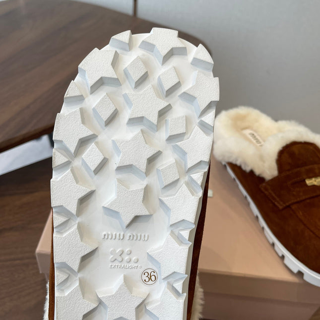 MIUMIU 25S MULES SLIPPERS SHEEPWOOL IN DARK BROWN SUEDE