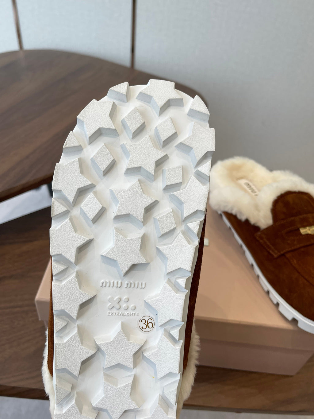 MIUMIU 25S MULES SLIPPERS SHEEPWOOL IN DARK BROWN SUEDE