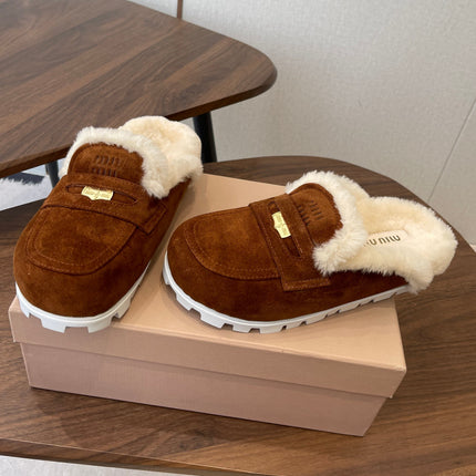 MIUMIU 25S MULES SLIPPERS SHEEPWOOL IN DARK BROWN SUEDE