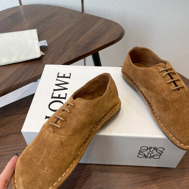 LOEWE 26S FOLIO DERBY SHOES IN DARK BROWN SUEDE