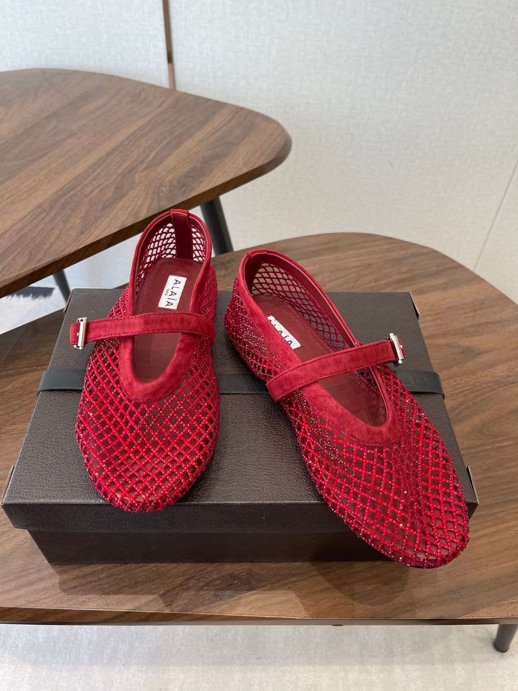 ALAIA 26S MESH FLATS IN DARK RED SUEDE RHINESTONE-EMBELLISHED