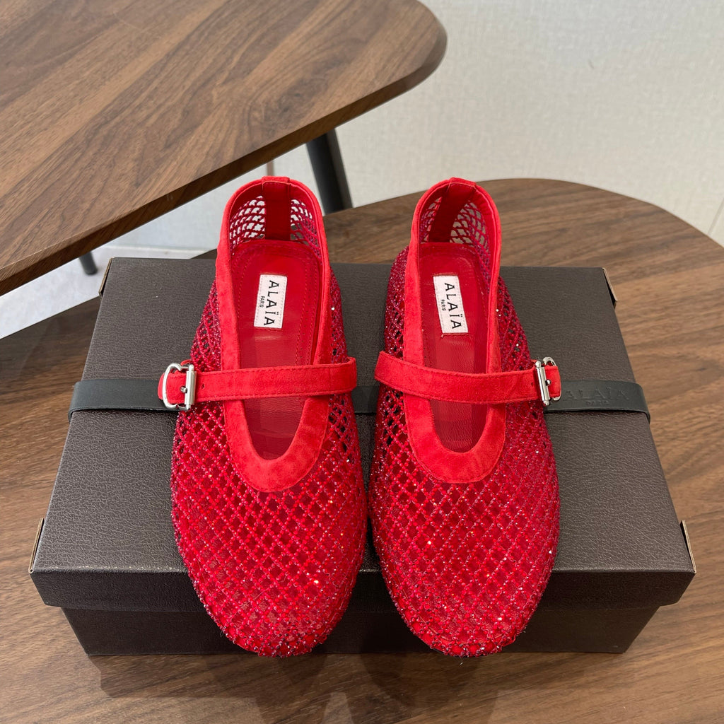 ALAIA 26S MESH FLATS IN RED SUEDE RHINESTONE-EMBELLISHED
