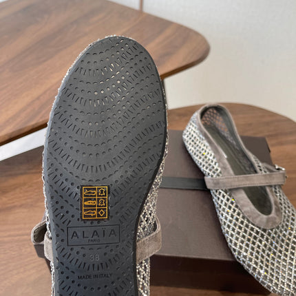 ALAIA 26S MESH FLATS IN BROWN GREY SUEDE RHINESTONE-EMBELLISHED
