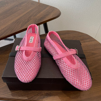 ALAIA 26S MESH FLATS IN PINK SUEDE RHINESTONE-EMBELLISHED