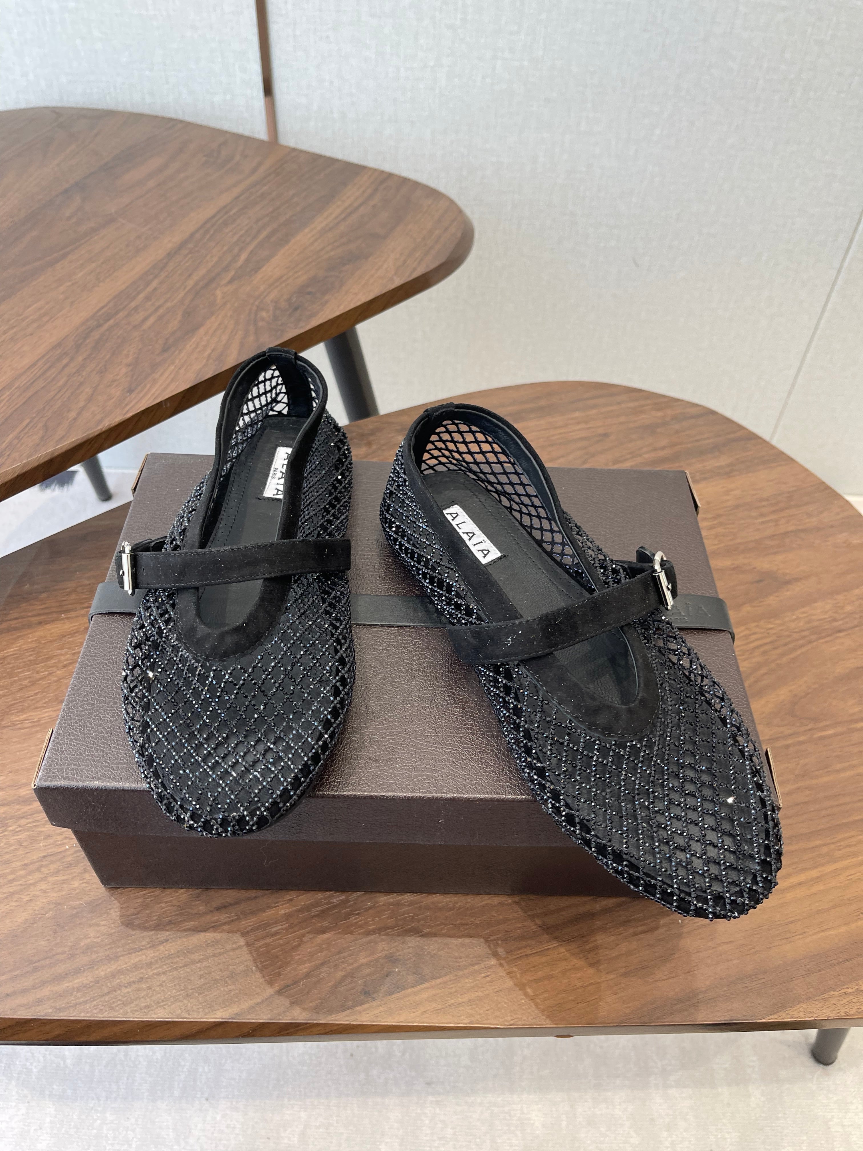 ALAIA 26S MESH FLATS IN BLACK SUEDE RHINESTONE-EMBELLISHED