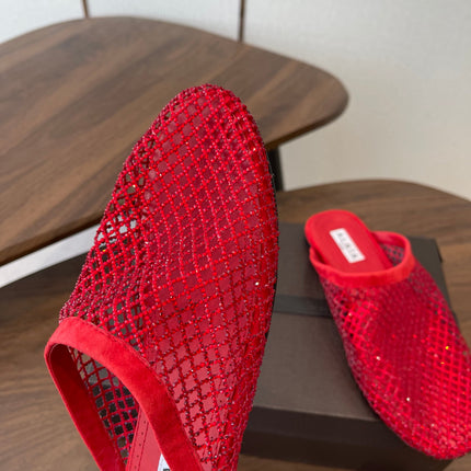ALAIA 26S FLAT MULES IN RED SUEDE AND MESH RHINESTONE-EMBELLISHED